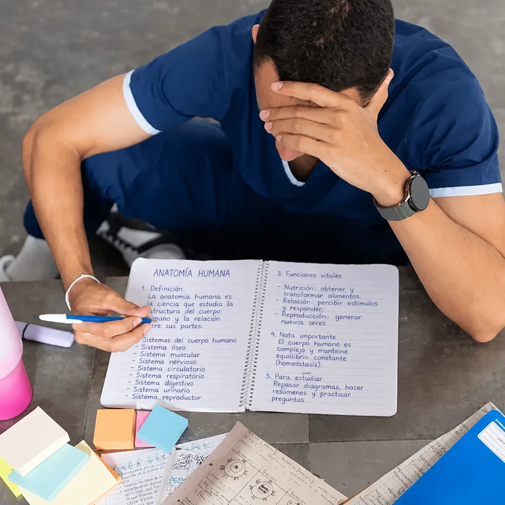 Estudiante estudiando con el manual de paramédicos
